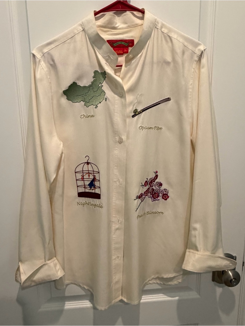 Shanghai Tang Luxury 100% Silk Long Sleeve Blouse Embroidery Silk Accents Size L